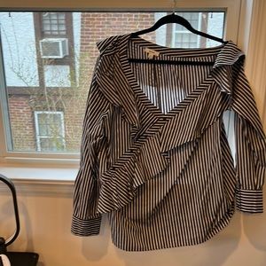 Off the shoulder black and white stripe ruffle detail blouse
